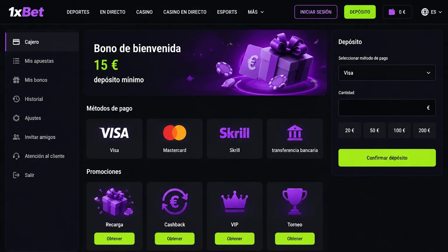 Pagos dentro de 1xBet: depósito, retiro y límites en euros