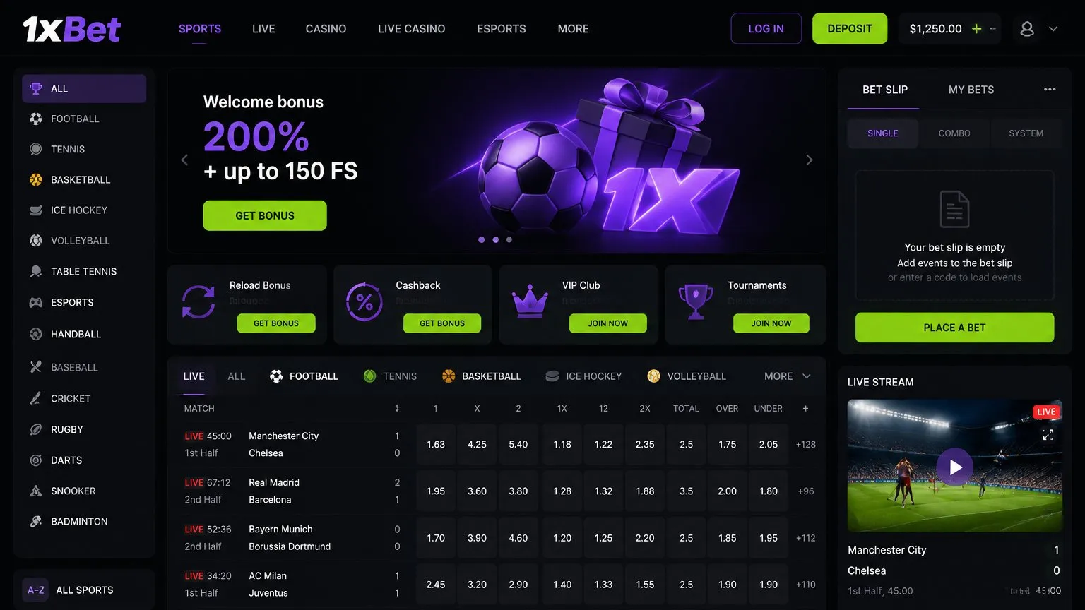 Betting on sport, esports and 1xBet in-play markets