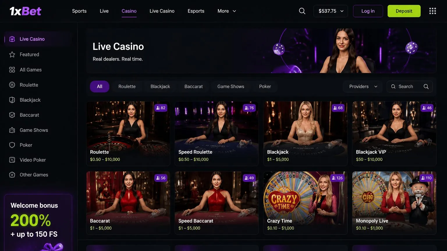 1xBet live: dealer tables and streamed game shows